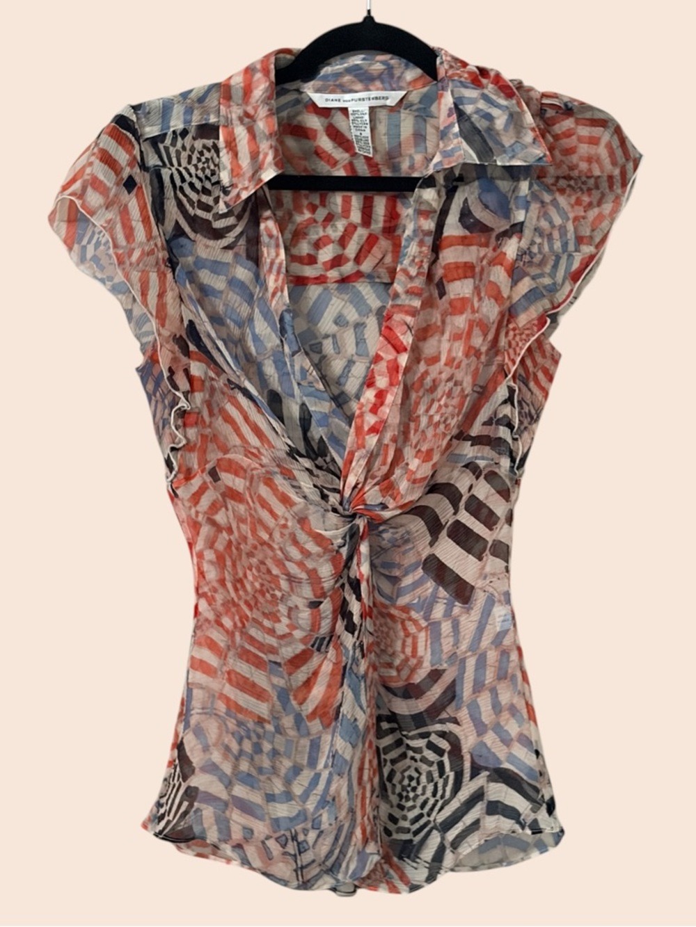 Diane von Furstenberg Silk Twist Front Blouse Size 6 Sheer Printed Designer Top